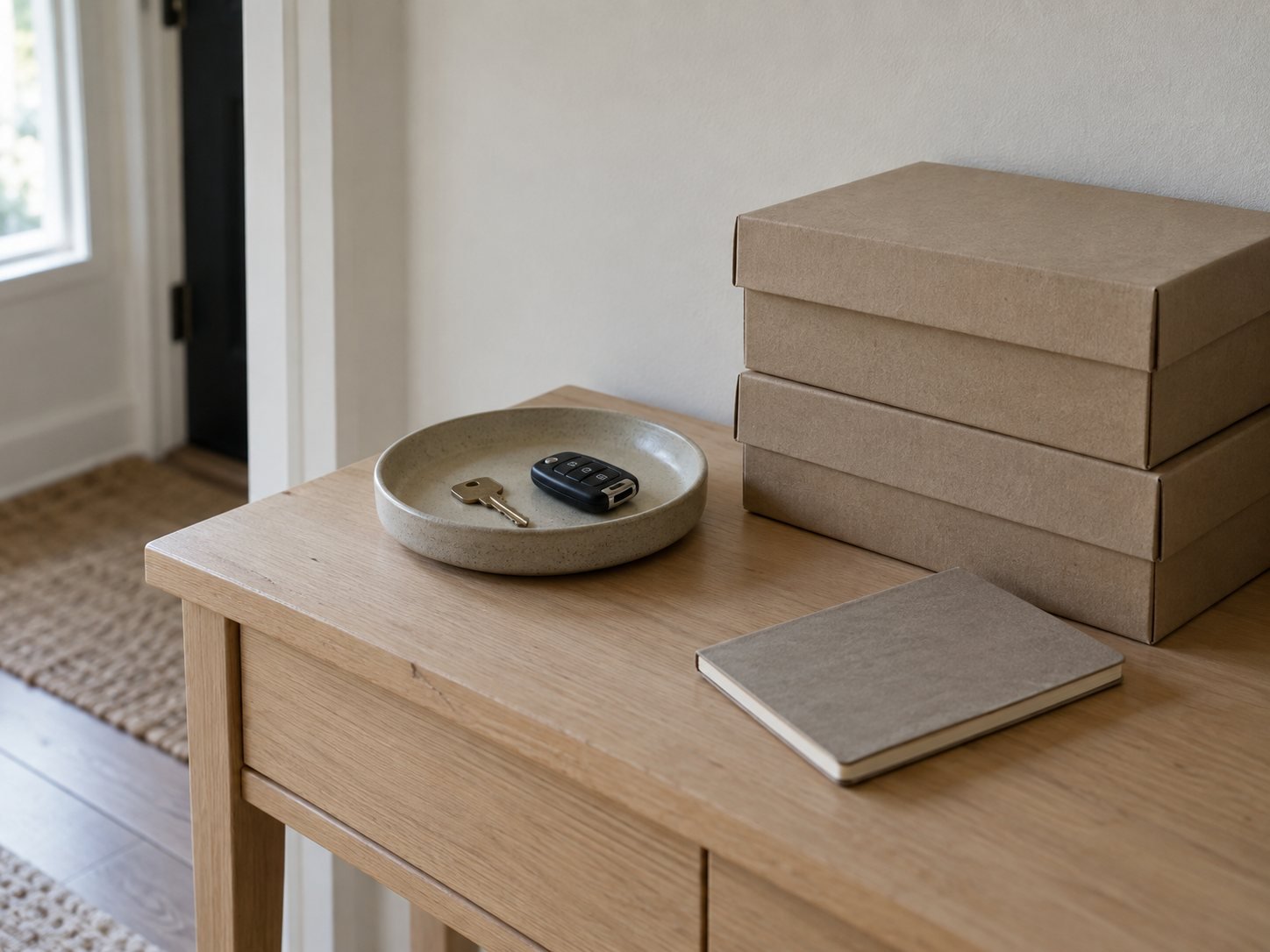 An entryway console with keys in a ceramic tray, storage boxes and a notebook