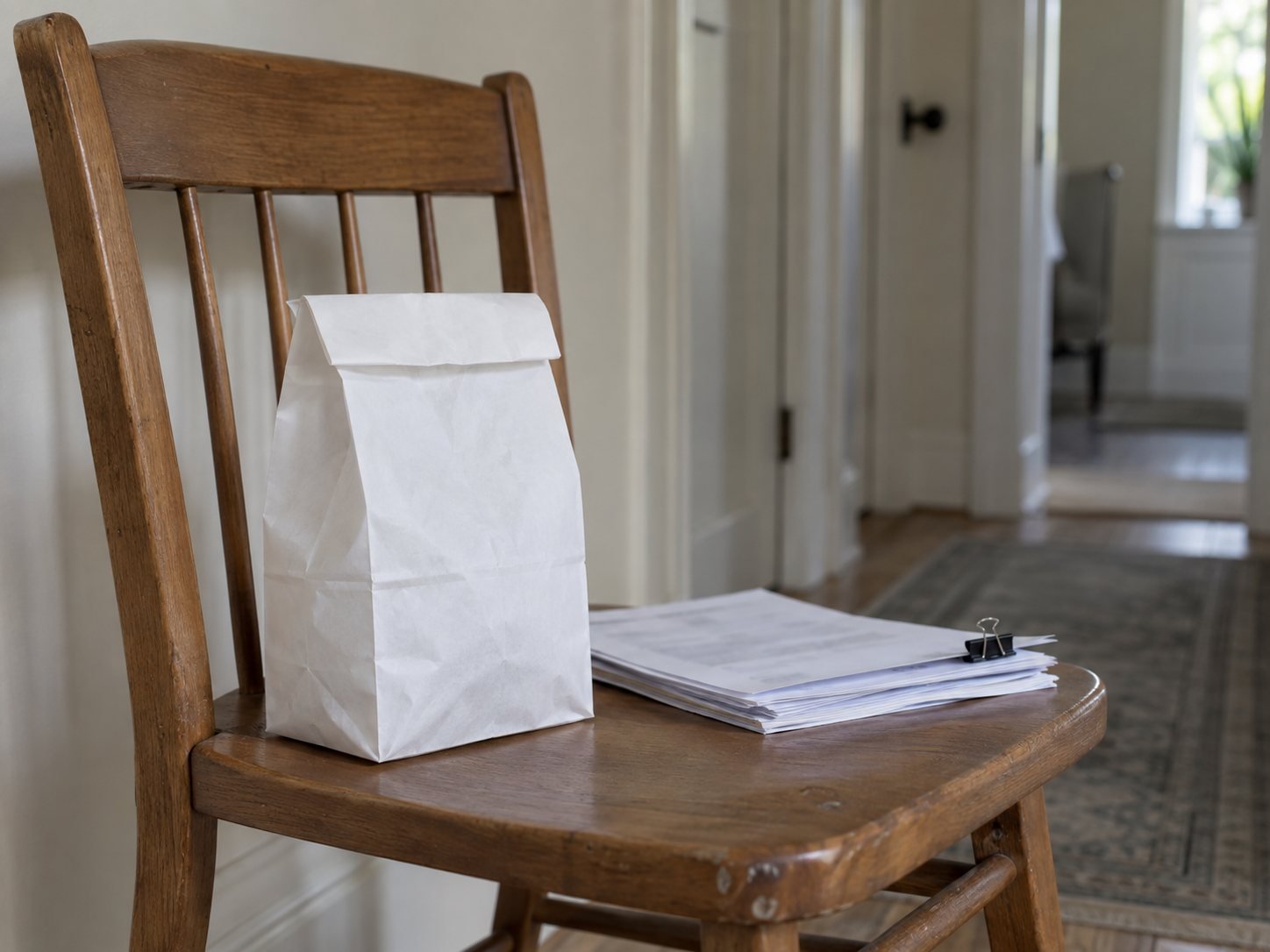 A pharmacy bag and a clipped stack of discharge papers on a wooden chair in a hallway